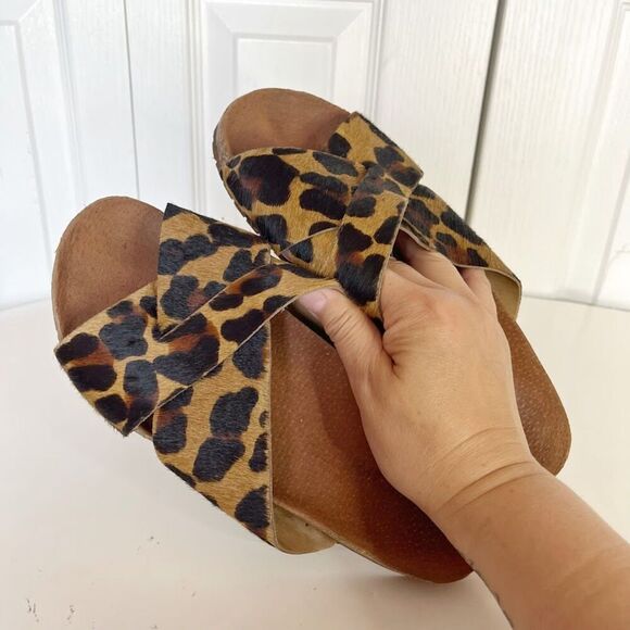 Anacapri Leather Leopard Print Pony Hair Criss Crop Wide Strappy Slip On Sandals - Picture 5 of 10